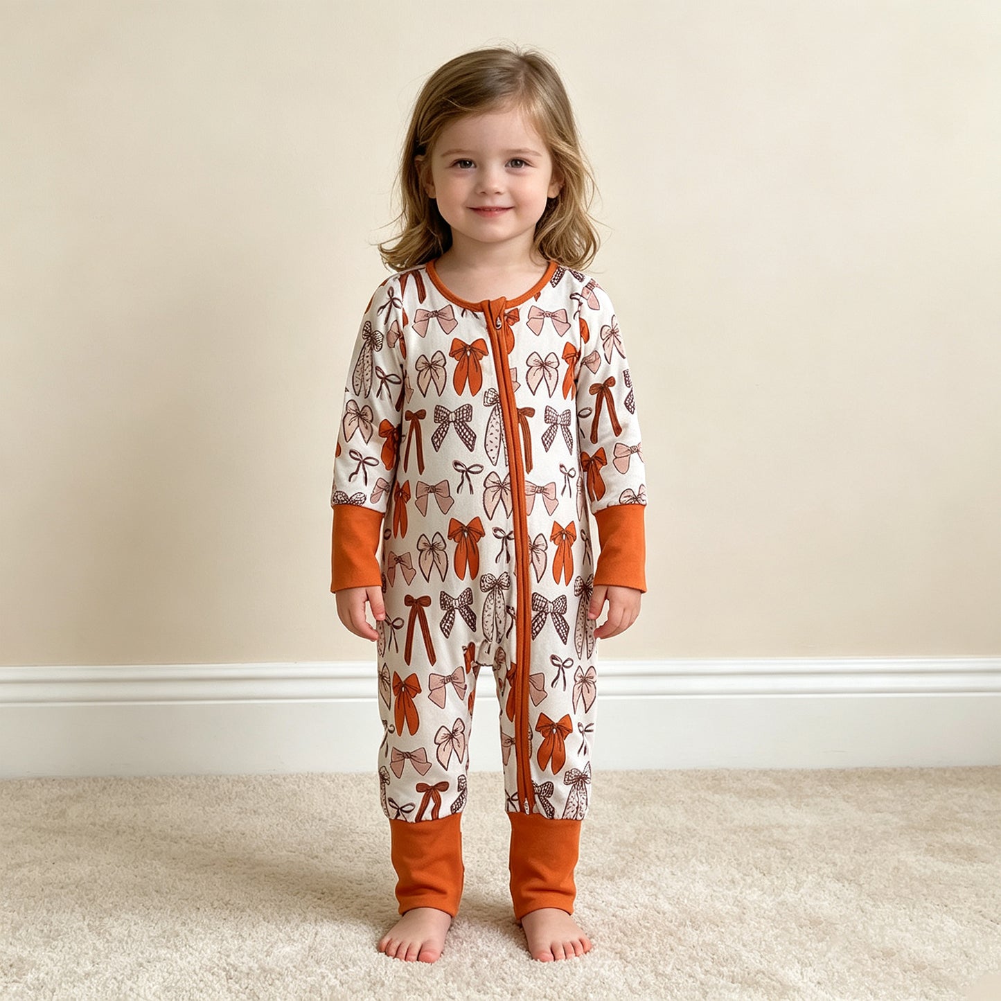 NEW RTS NO MOQ milk silk LR3158 Baby Girls Bows Plaid Fall Long Sleeve Two Way Zip Convertible Rompers