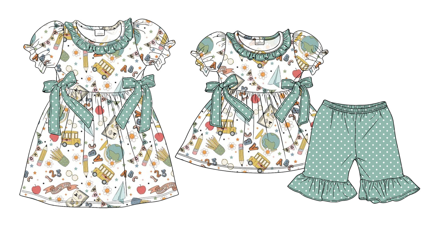 3.27  Custom moq 5 mix size Sibling Baby Girl's Back To School Short-Sleeved Top with Bow And Short Set Cute Short-Sleeved Dress for Summer