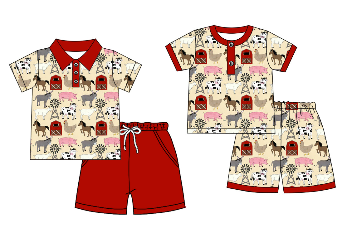 Custom moq 5 mix size Sibling Baby Boy's Animal Print Farm Short-Sleeved Polo Shirt And Shorts Set Cute Pajama Set for Little Ones