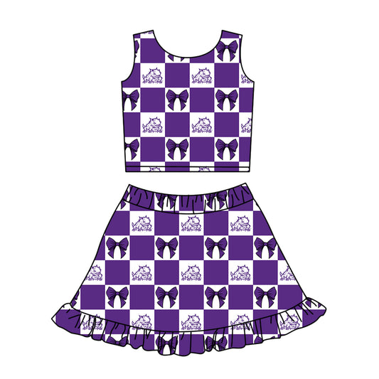 Custom moq 3 or 5 mix size milk silk summer teams baby girl clothes bow purple sleeveless skirts sets-26.1.26