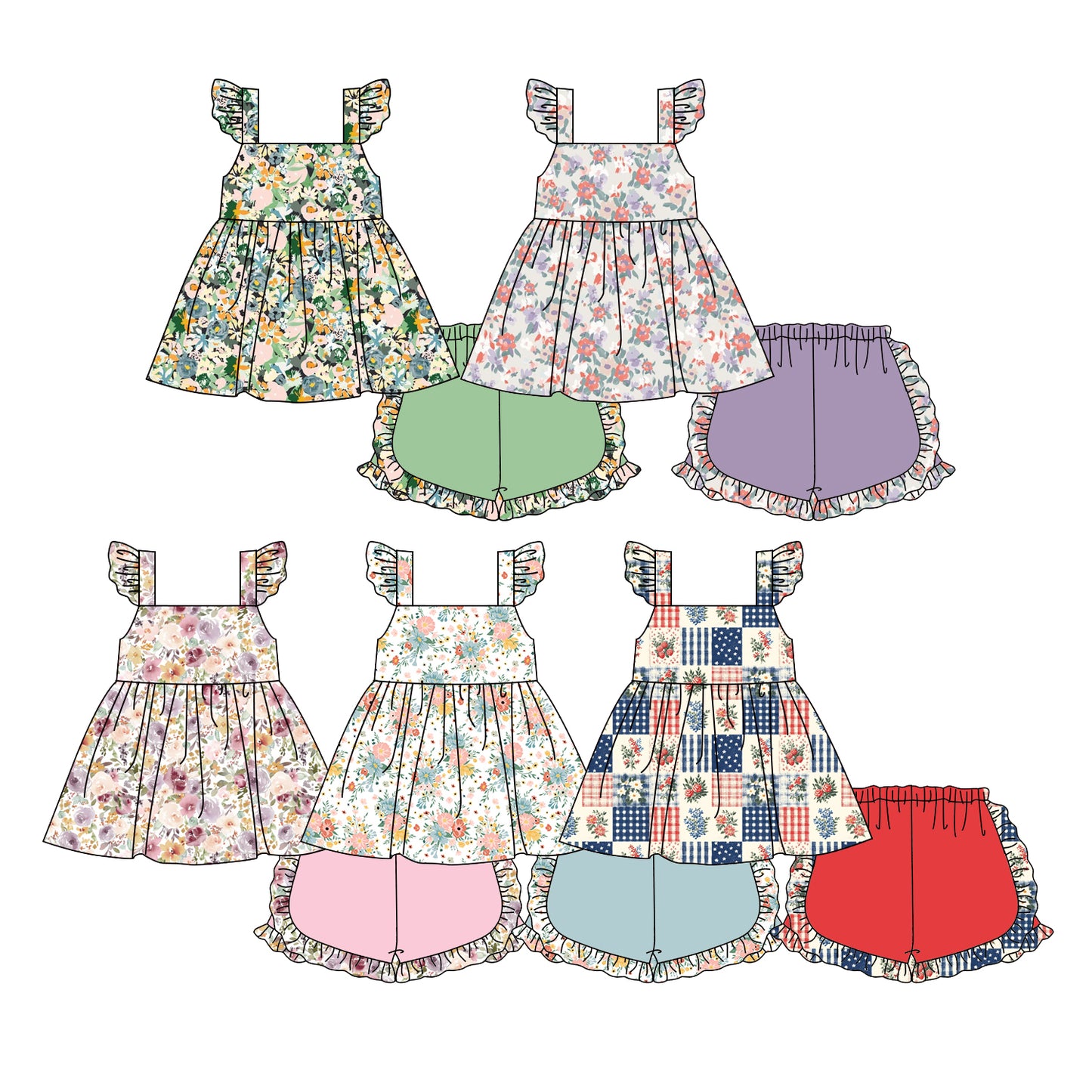 4.10 Custom moq 5 mix size Sibling Baby Girl Colorful Flowers Flutter Sleeve Top And Shorts Set Summer Outfit