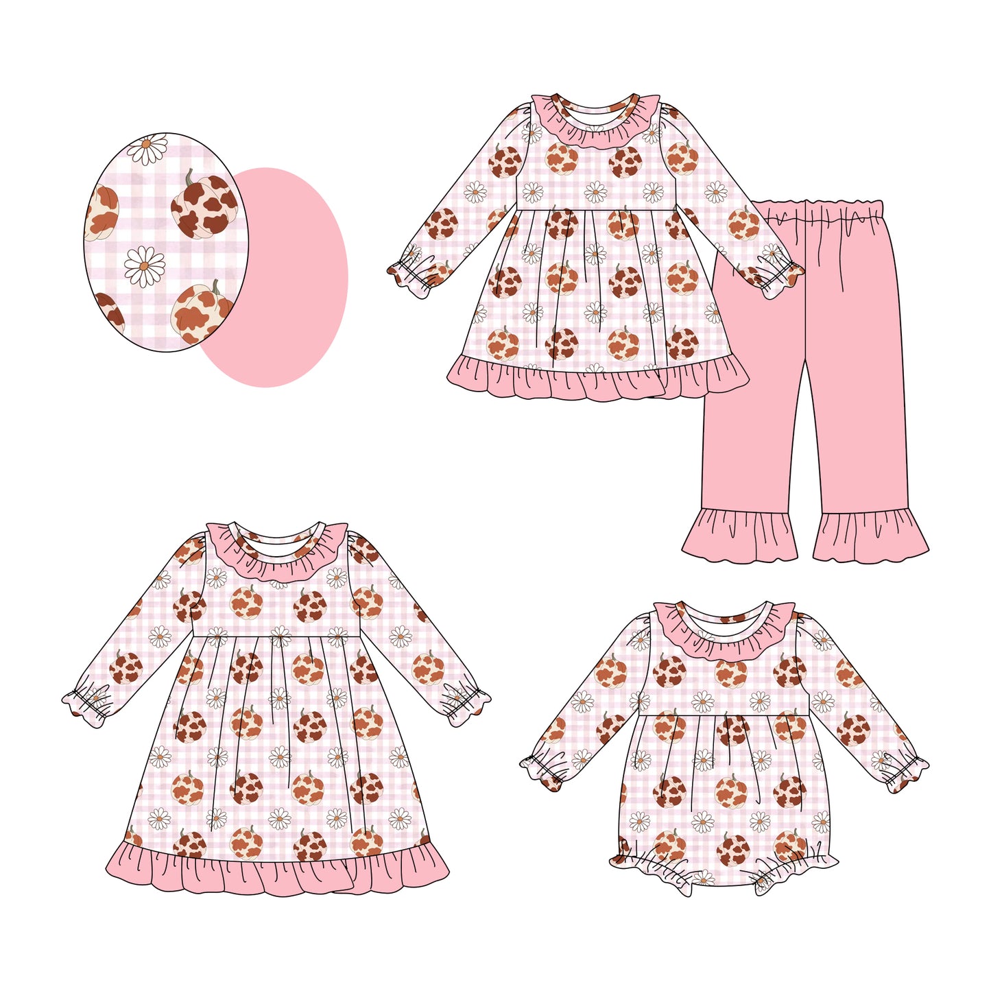 25.7.30 custom each style moq 5eta 4-6week Sibling Sisters pumpkin baby girl long sleeve pants sets and dress and rompers match family design