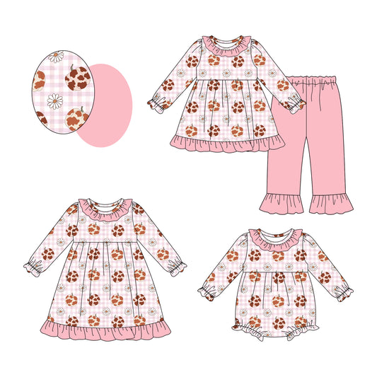 25.7.30 custom each style moq 5eta 4-6week Sibling Sisters pumpkin baby girl long sleeve pants sets and dress and rompers match family design