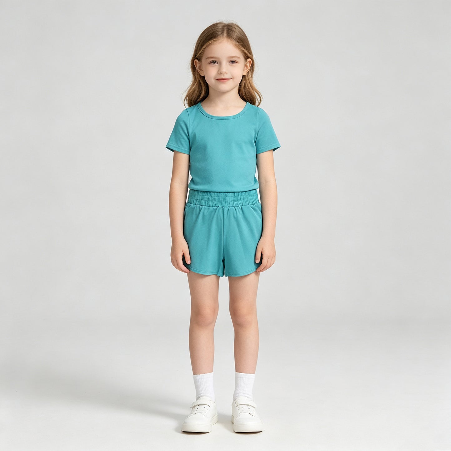 RTS NO MOQ yoga fabric cotton GSSO3768 (GT1637+SS0904) Yoga Baby Girls Blue Short Sleeve Top Sport Shorts Kids Active Outfit