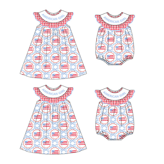 4.22 custom each style moq 5eta 4-6week Sibling Sisters AMERICAN GIRL flag bow baby girl short sleeve dress and rompers match family design