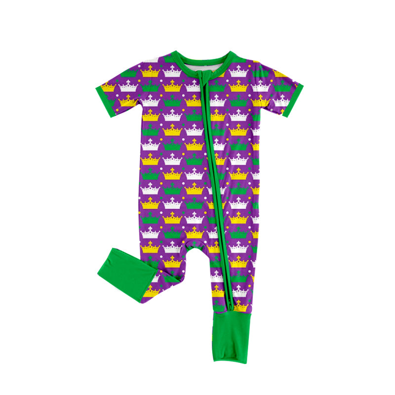 7.23 custom each style moq 5eta 4-6week Sibling Sister mari gras purple and green baby girls short sleeve sets and boys sets and dress and rompers match family design