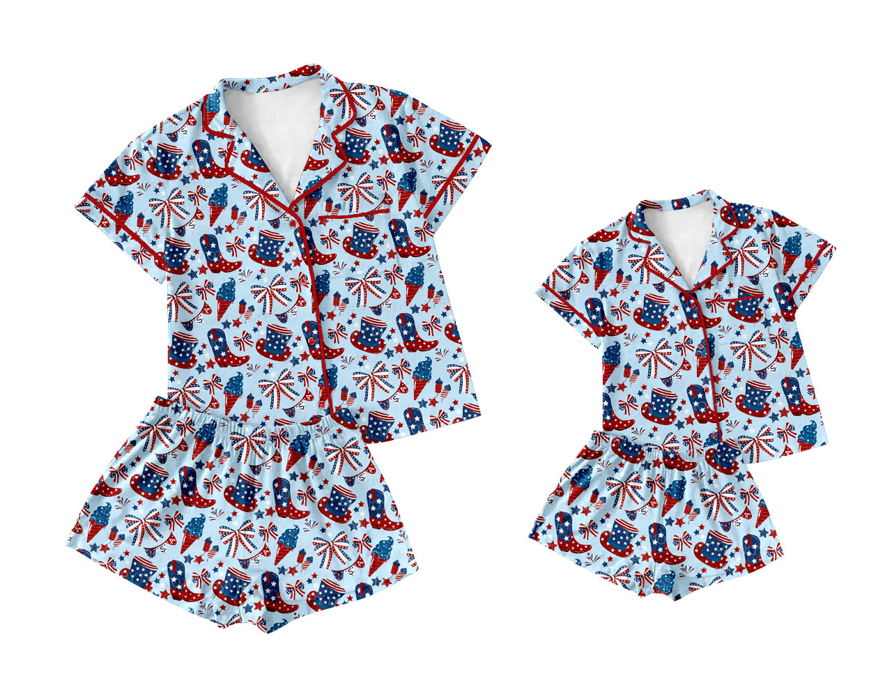 3.5 custom each style moq 5eta 4-6week Sibling Sister boot firework short sleeve shorts sets and adult sets match design