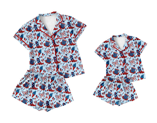 3.5 custom each style moq 5eta 4-6week Sibling Sister boot firework short sleeve shorts sets and adult sets match design