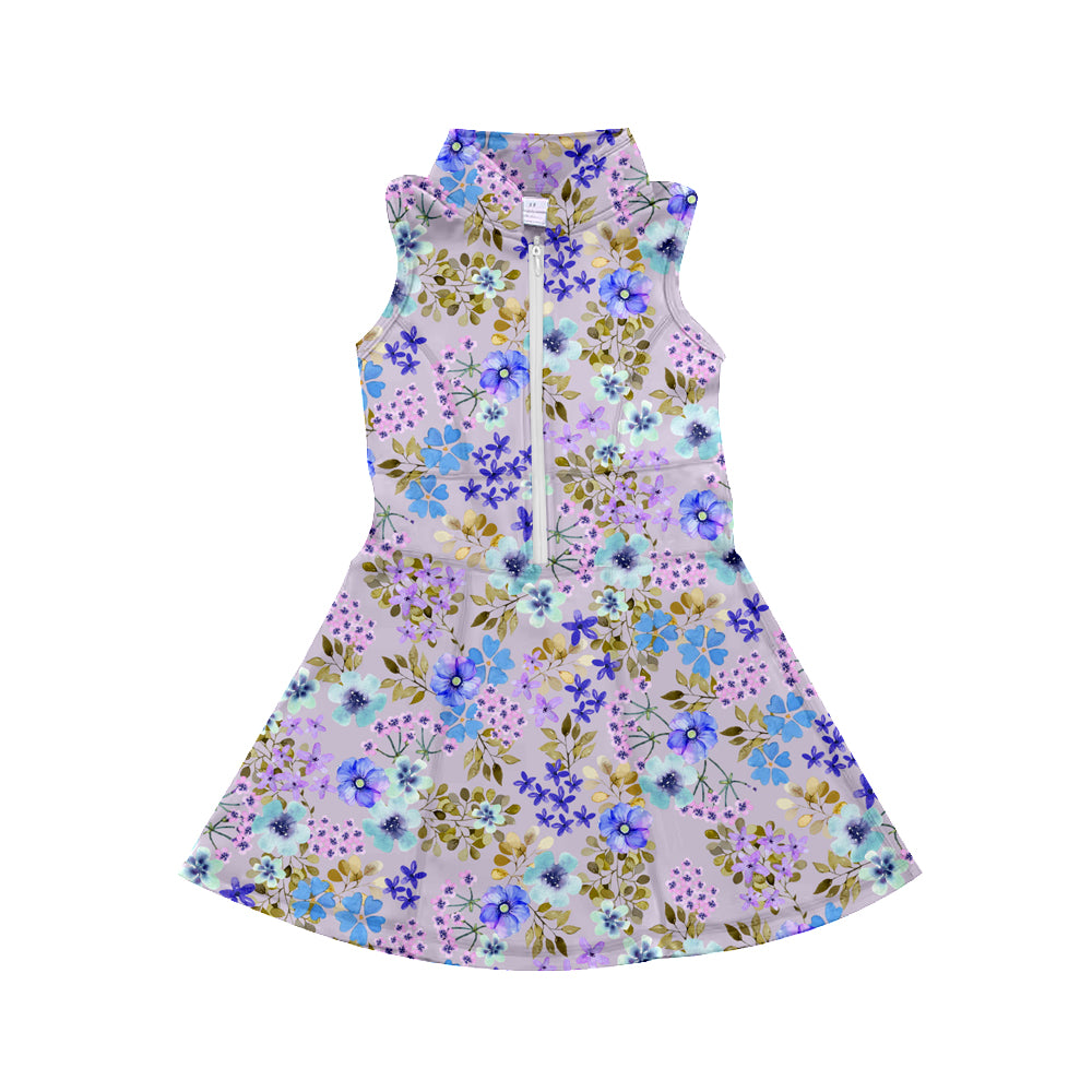 7.2 custom each style moq 5eta 4-6week blue floral baby girls clothes Yoga Wear girls sets and sleeveless dress