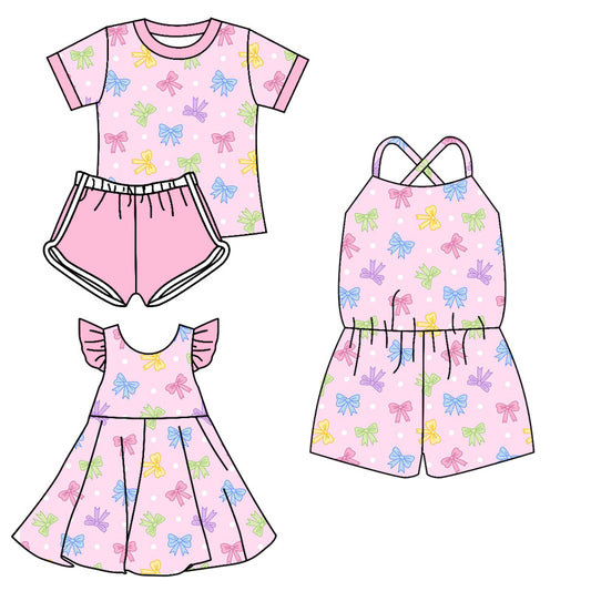 3.11 custom each style moq 5eta 4-6week Sibling Sisters bow baby girl short sleeve shorts sets and dress and jumpsuit match family design