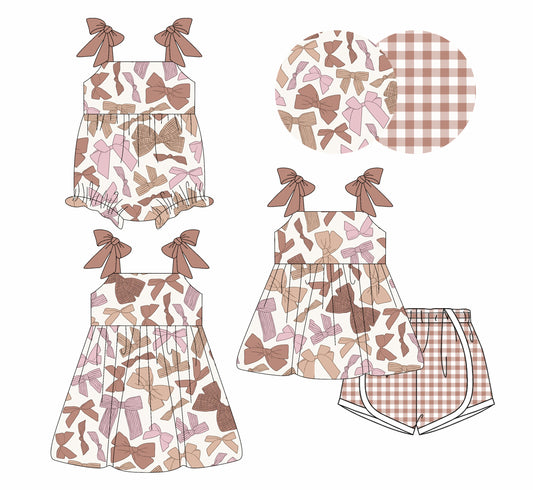 4.3 custom each style moq 5eta 4-6week Sibling Sisters bow baby girl short sleeve shorts sets and dress and rompers match family design