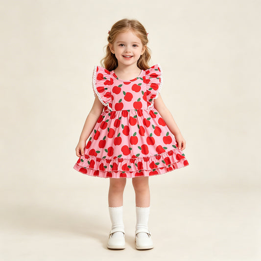 RTS NO MOQ GSD3510 milk silk Baby Girls Cute Flutter Sleeve Apples Back to School Knee Dress（2T-14-16T）