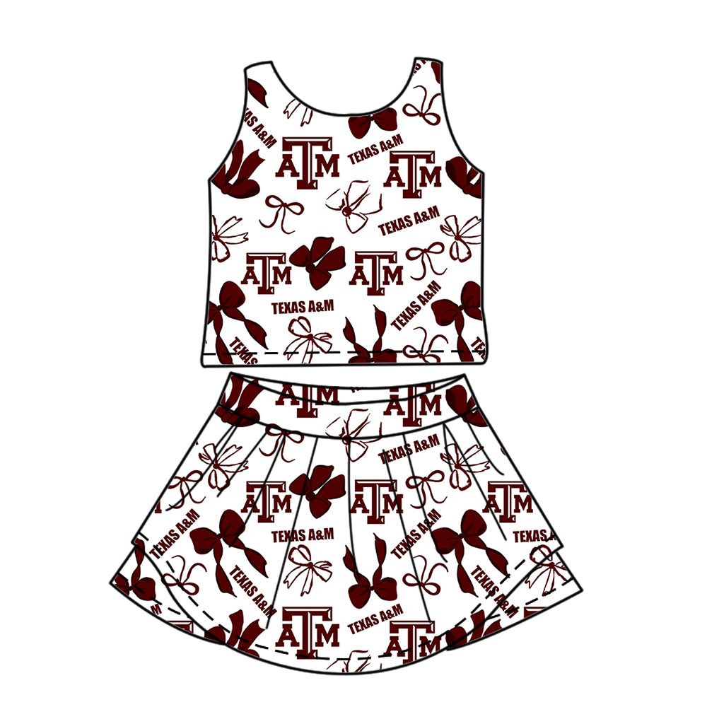 Custom moq 5 mix size milk silk summer teams Baby Girls Dark Red Bow Vest Top Skirt Shorts Sets Sleeveless Yoga Knee Length Dresses Yoga Shorts