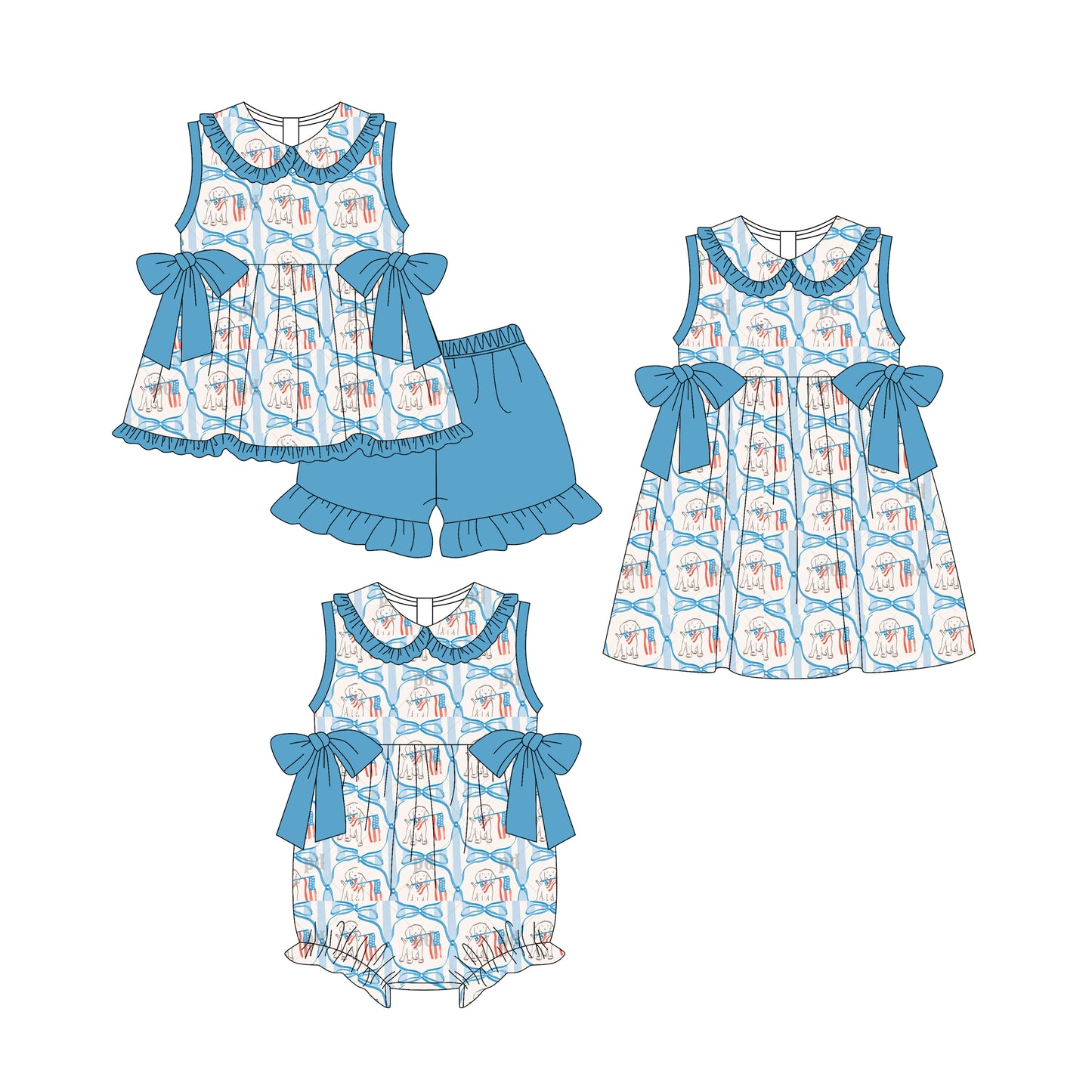 25.11.3 custom each style moq 5 eta 6-8week Sibling Sister flag puppy baby short sleeve shorts sets and romper and dress match design