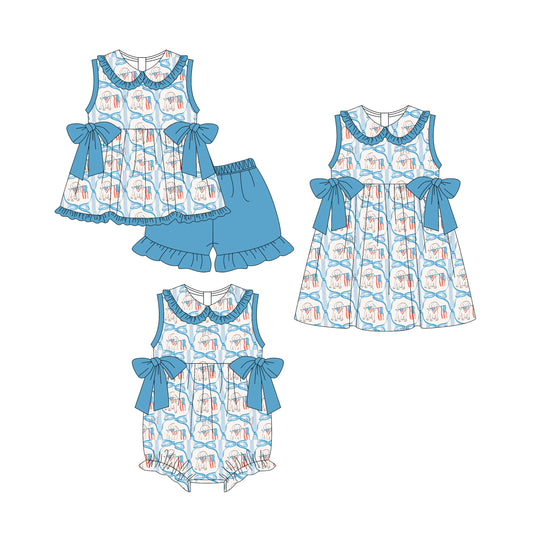 25.11.3 custom each style moq 5 eta 6-8week Sibling Sister flag puppy baby short sleeve shorts sets and romper and dress match design