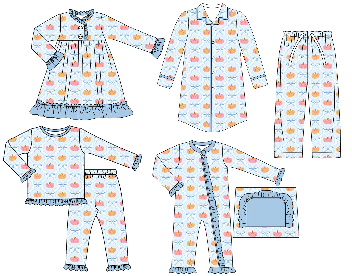 25.6.24 custom each style moq 5eta 4-6week Sibling Sisters pumpkin bow baby girl long sleeve pants sets and adult top and adult pants and romper and dress match family design
