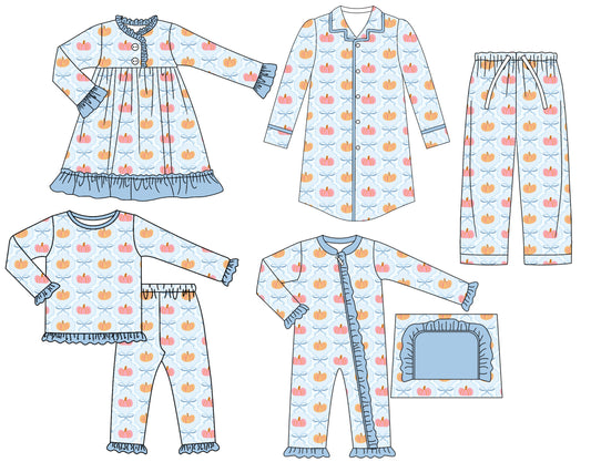 25.6.24 custom each style moq 5eta 4-6week Sibling Sisters pumpkin bow baby girl long sleeve pants sets and adult top and adult pants and romper and dress match family design