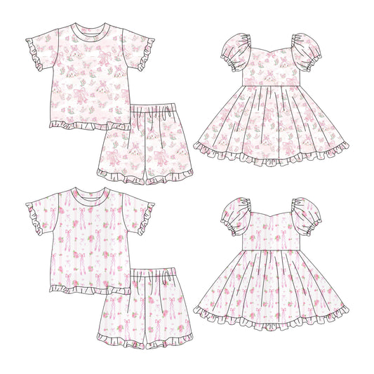 Custom moq 5 mix size Sibling Pink Short-Sleeved Pajama Set with Shorts for Baby Girl Cute Dress Style Sleepwear for Little Girls
