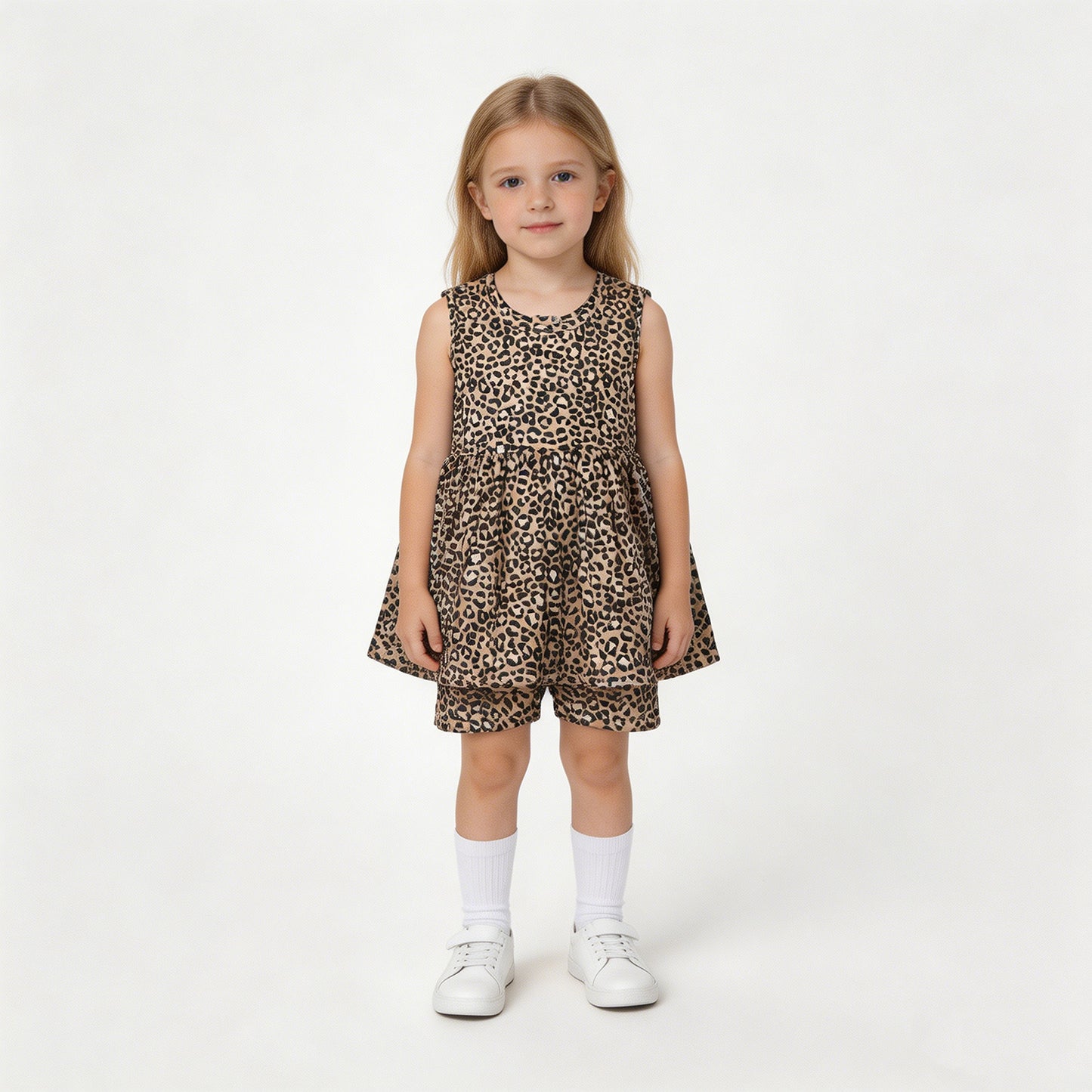 RTS NO MOQ milk silk SR3070 Baby Girls Leopard Print Sleeveless Tunic Style Short Rompers