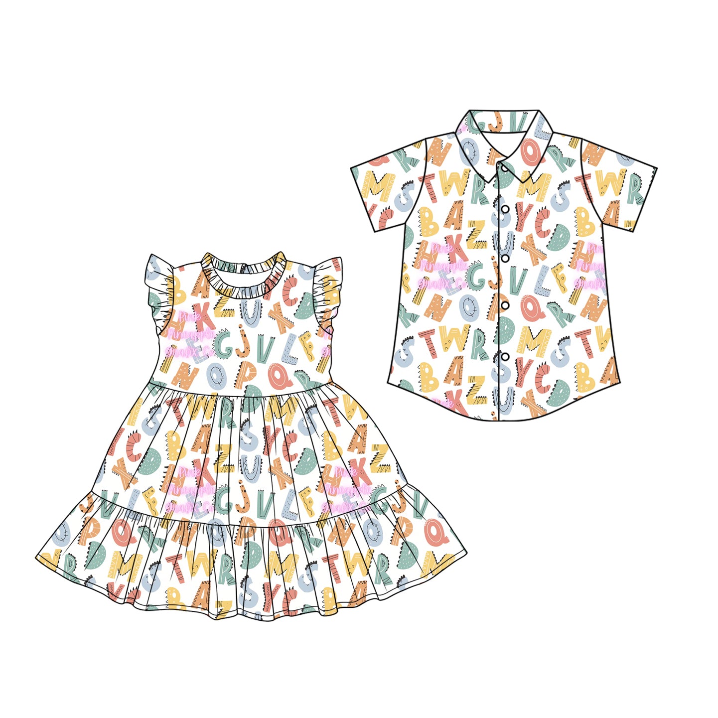 3.3 Custom moq 5 mix size Sibling Baby Girl's Back To School Flutter Sleeve Dress Baby Boy's Short-Sleeved Button Shirt Matching Outfit Set for Infants