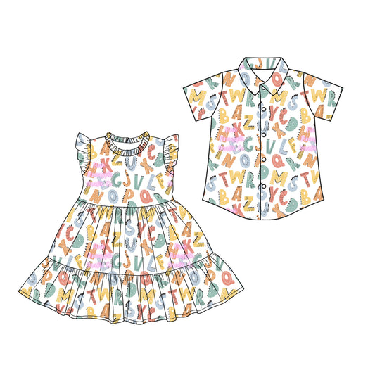 3.3 Custom moq 5 mix size Sibling Baby Girl's Back To School Flutter Sleeve Dress Baby Boy's Short-Sleeved Button Shirt Matching Outfit Set for Infants