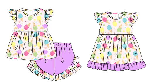 25.11.20 custom each style moq 5 eta 6-8week Sibling Sister ice cream baby girl short sleeve shorts sets and dress match design