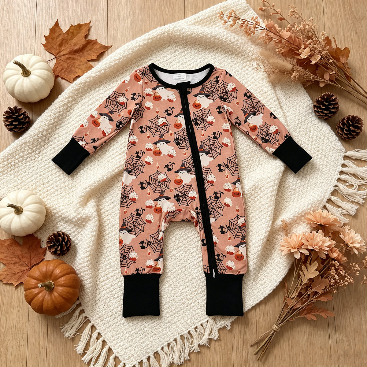 NEW RTS NO MOQ milk silk LR3250 Baby Boys Ghost Pumpkins Halloween Two Way Zip Convertible Holiday Rompers