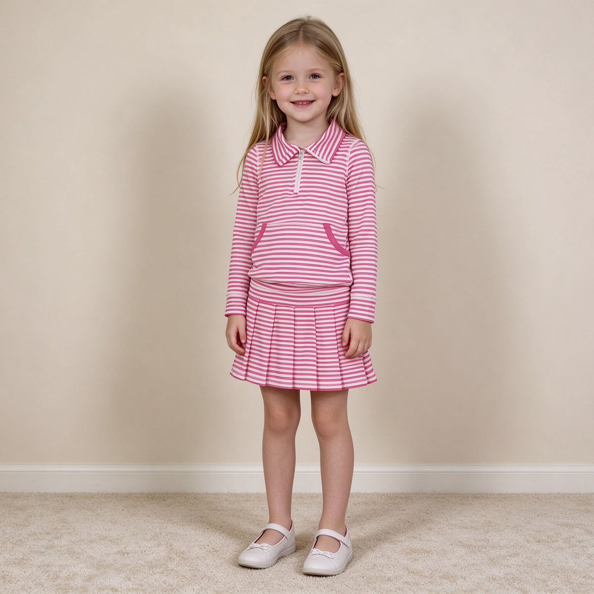 NEW RTS NO MOQ yoga fabric GLD1699(GT1783+GLK0335) Yoga Baby Girls Pink White Striped Half Zip Pocket Long Sleeve Top And Skort Yoga Active Clothes Set