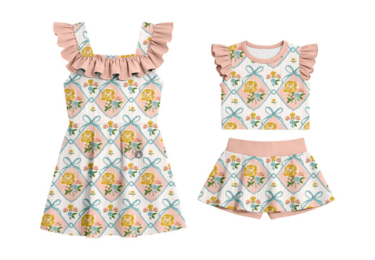 Custom moq 5 mix size Sibling Baby Girl Floral Print Sleeveless Top And Shorts Set Dress Cute Summer Outfit