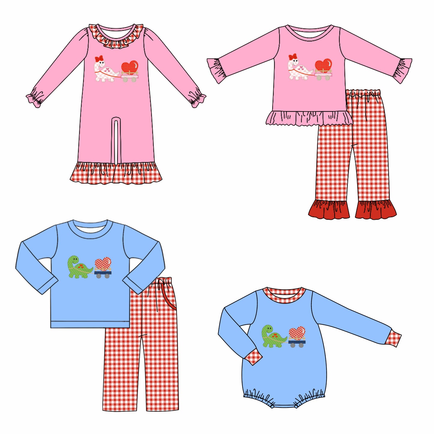 25.11.10 custom each style moq 5 eta 6-8week Sibling Sisters dinosaur love baby girl long sleeve pants sets and rompers 2 match family design