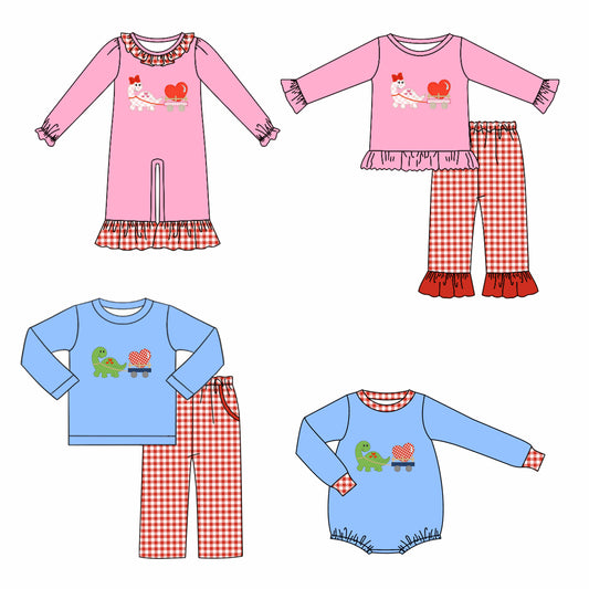 25.11.10 custom each style moq 5 eta 6-8week Sibling Sisters dinosaur love baby girl long sleeve pants sets and rompers 2 match family design