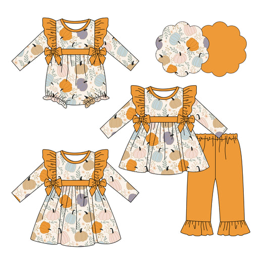25.6.18 custom each style moq 5eta 4-6week Sibling Sisters pumpkin baby girl long sleeve pants sets and dress and rompers match family design