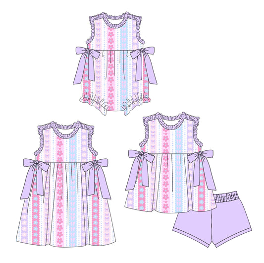 4.8 custom each style moq 5eta 4-6week Sibling Sisters flower purple baby girl short sleeve shorts sets and dress and rompers match family design