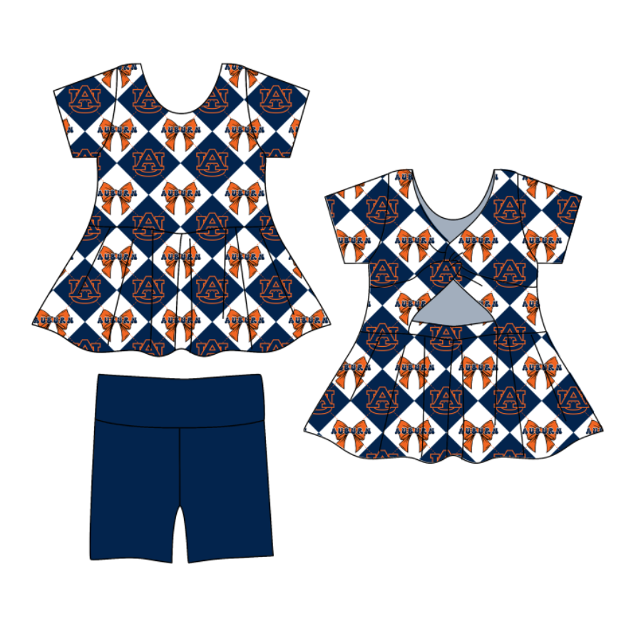 Custom moq 5 mix size Navy blue Plaid Baby Girl's Short-Sleeved Shirt And Shorts Team Outfit Children's Clothing Set for Girls