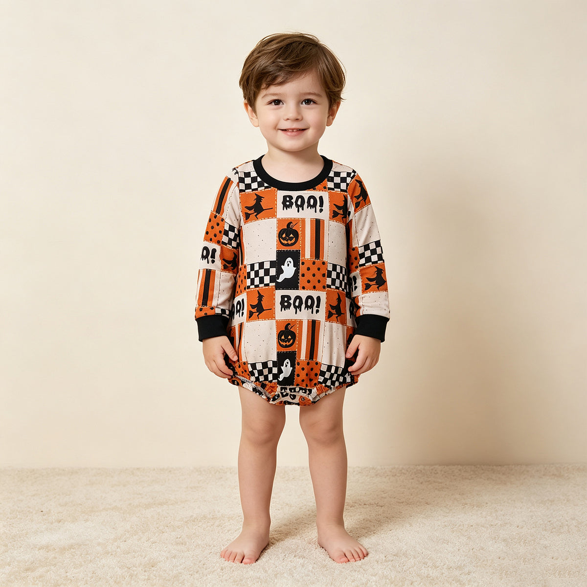 NEW RTS NO MOQ milk silk LR3239 Baby Boys Long Sleeve Ghost Pumpkins Print Halloween Romper