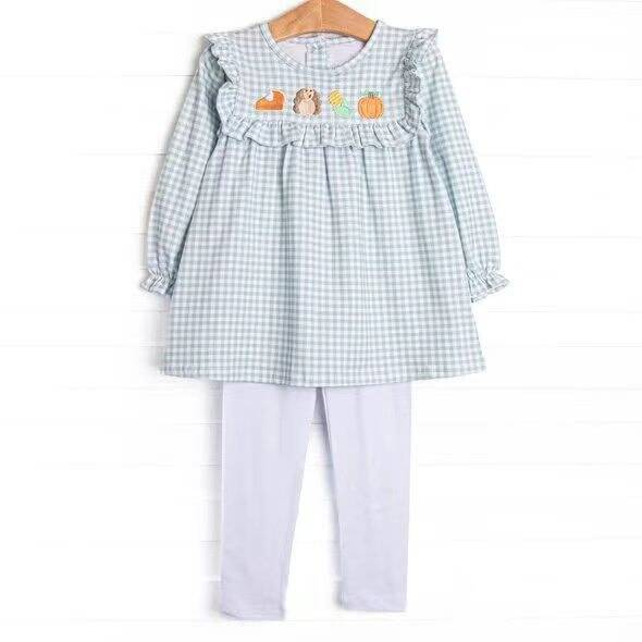 (Preorder new) No moq Baby Girls Fall Embroidery Thanksgiving Ruffle Long Sleeve Top Leggings Set Kids Outfit