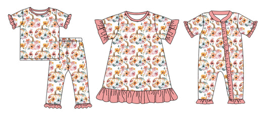 25.6.3 custom each style moq 5eta 4-6week Sibling Sisters pumpkin floral baby girl short sleeve pants sets and dress and rompers match family design