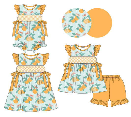 3.10 custom each style moq 5eta 4-6week Sibling Sisters orange baby girl short sleeve shorts sets and dress and rompers match family design