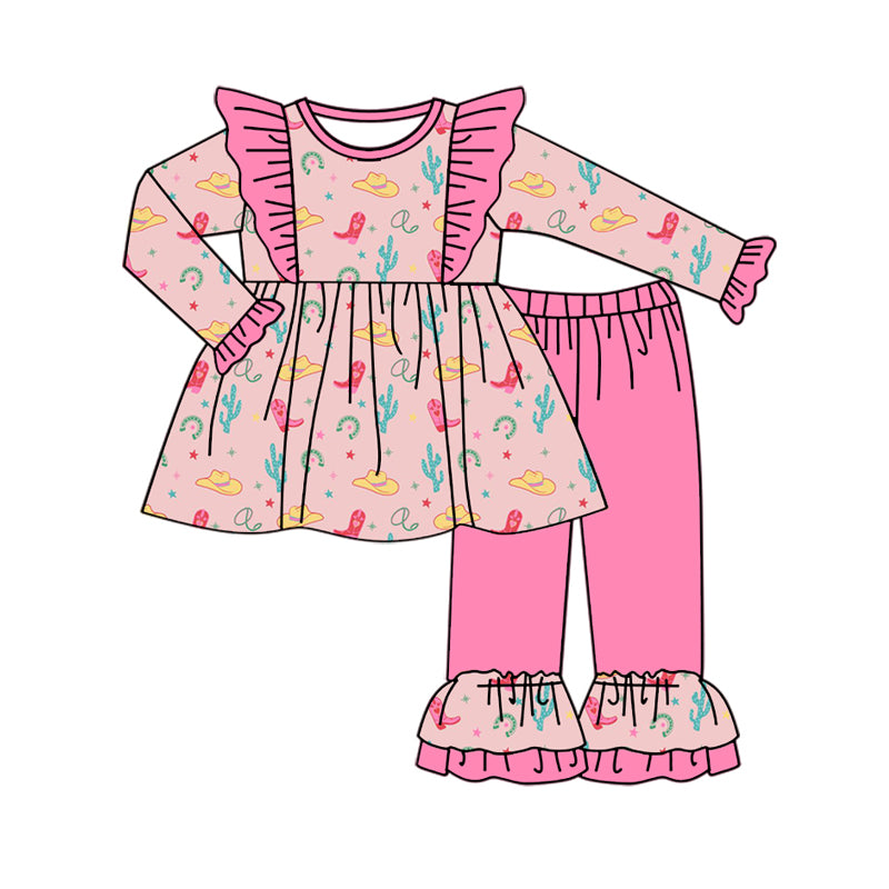 9.4 custom each style moq 5eta 4-6week Sibling Sister catcus boots hats pink baby girls sets and rompers match family design
