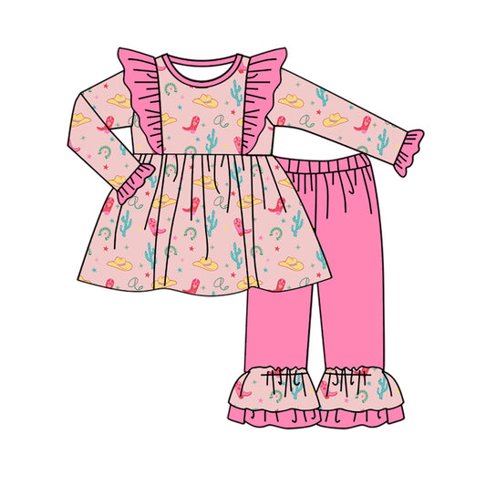 9.4 custom each style moq 5eta 4-6week Sibling Sister catcus boots hats pink baby girls sets and rompers match family design