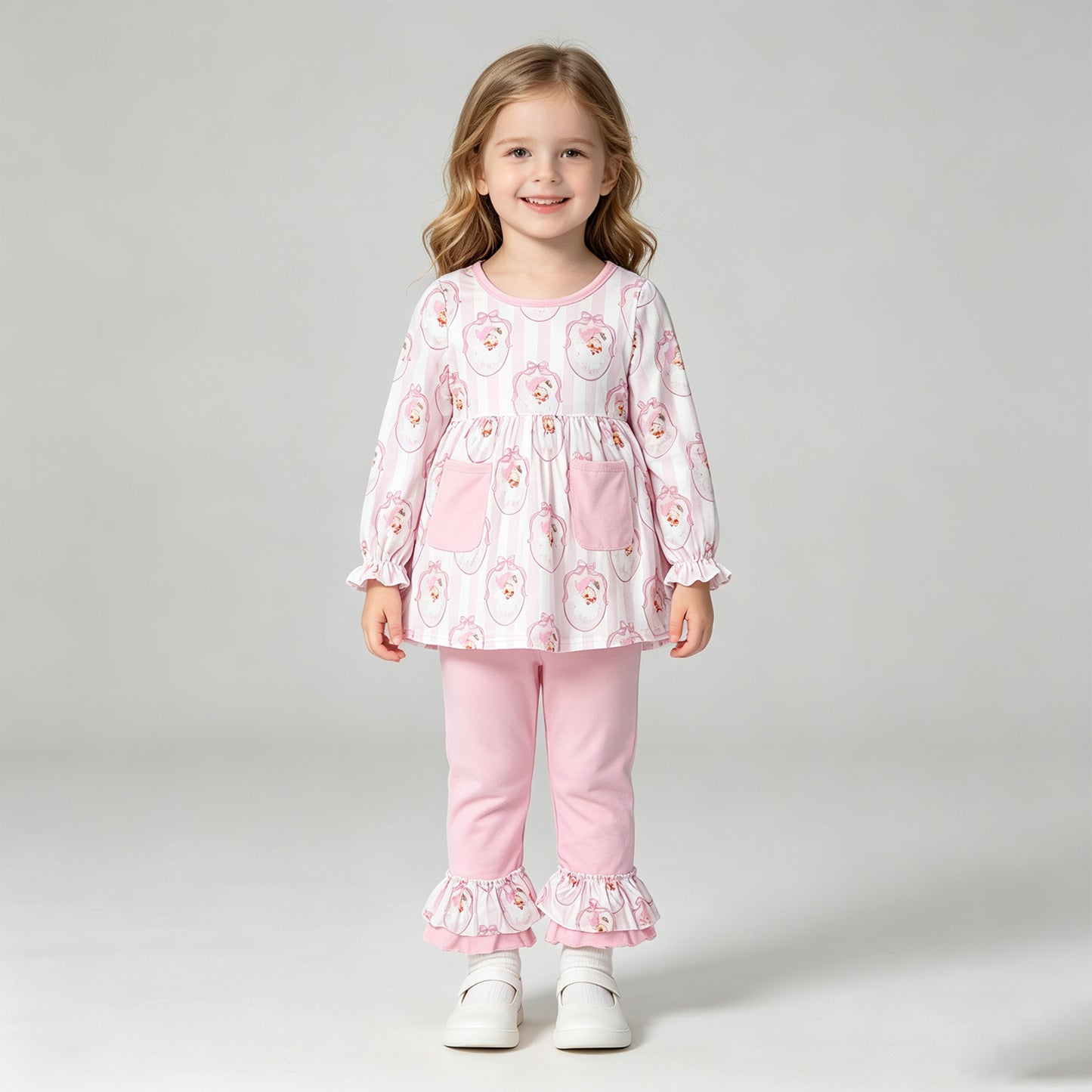 NEW RTS NO MOQ milk silk GLP3456 Baby Girls  Pink Stripe Bows Santa Pockets Tunic Ruffle Pant Christmas Clothes Sets