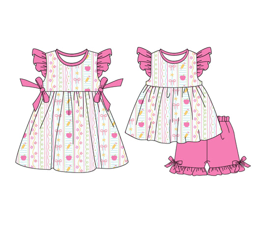 25.12.18 custom each style moq 5 eta 6-8week Sibling Sister pencil bow apple baby short sleeve shorts sets and dress match design