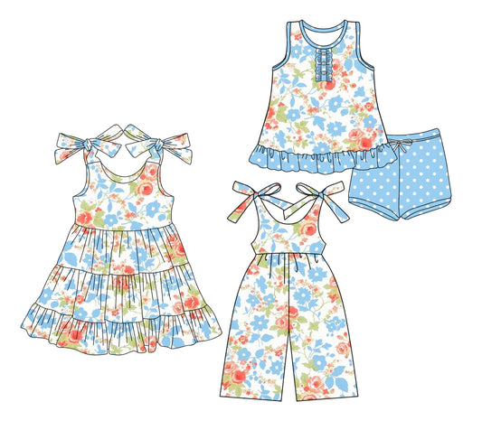 25.5.23 custom each style moq 5eta 4-6week Sibling Sister floral baby girl short sleeve shorts sets and dresses and jumpsuit match design