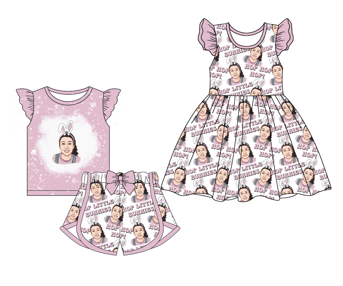 1.14 custom each style moq 5eta 4-6week Sibling Sister easter baby girl short sleeve shorts sets and dresses match design