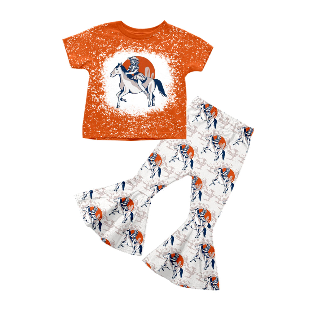 8.17 custom each style moq 5eta 4-6week baby girls clothes riding horse brown short sleeve pants sets