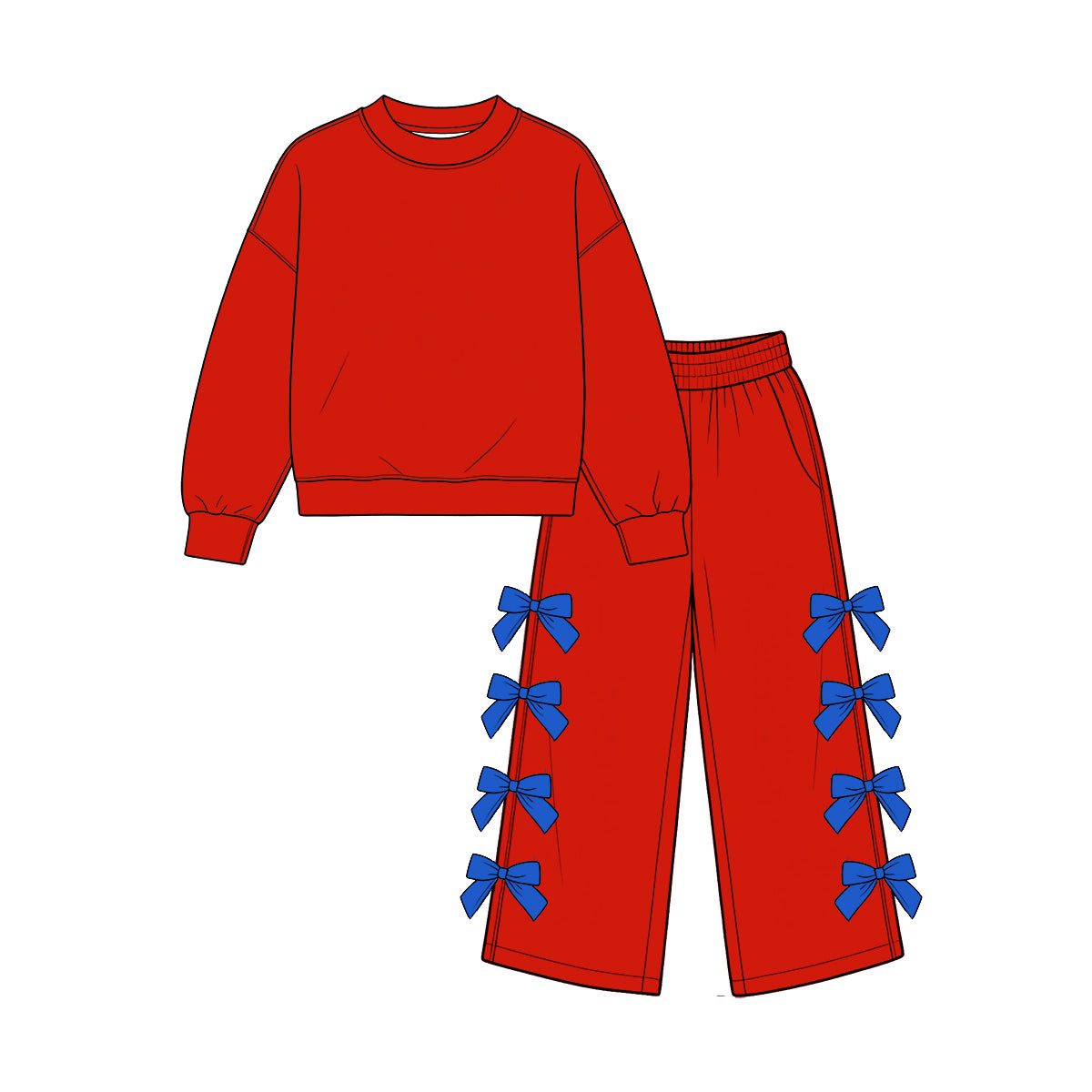 custom moq 5 mix size Baby Girls Red Long Sleeve Top And Blue Bow Wide Leg Pants Fall Casual Outfit