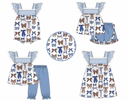 4.7 custom each style moq 5eta 4-6week Sibling Sisters bow baby girl short sleeve pants sets and shorts sets and dress and rompers match family design