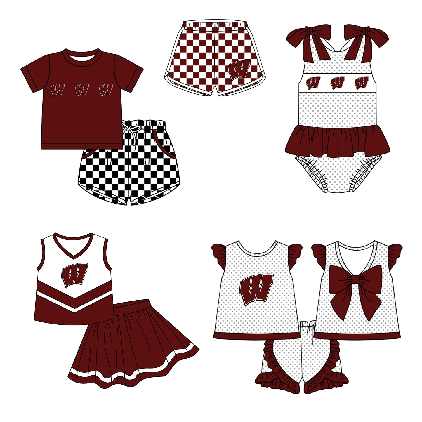 Custom moq 5 mix size milk silk summer teams Boy's Dark Red Short Sleeved Top Plaid Shorts Set Girl's Short-Sleeved Set with Matching Swimsuits Adult Shorts