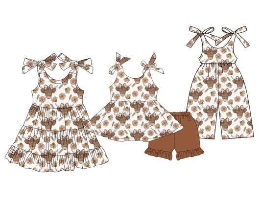 3.29 custom each style moq 5eta 4-6week Sibling Sister alpine floral baby girl short sleeve shorts sets and dresses and jumpsuit match design