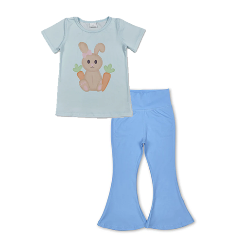RTS NO MOQ milk silk GT1395+P0577 Baby Girls Short Sleeve Rabbits Carrots Easter T-shirts Top and  Light Blue Yoga Active Wear Bell Bottom Pants